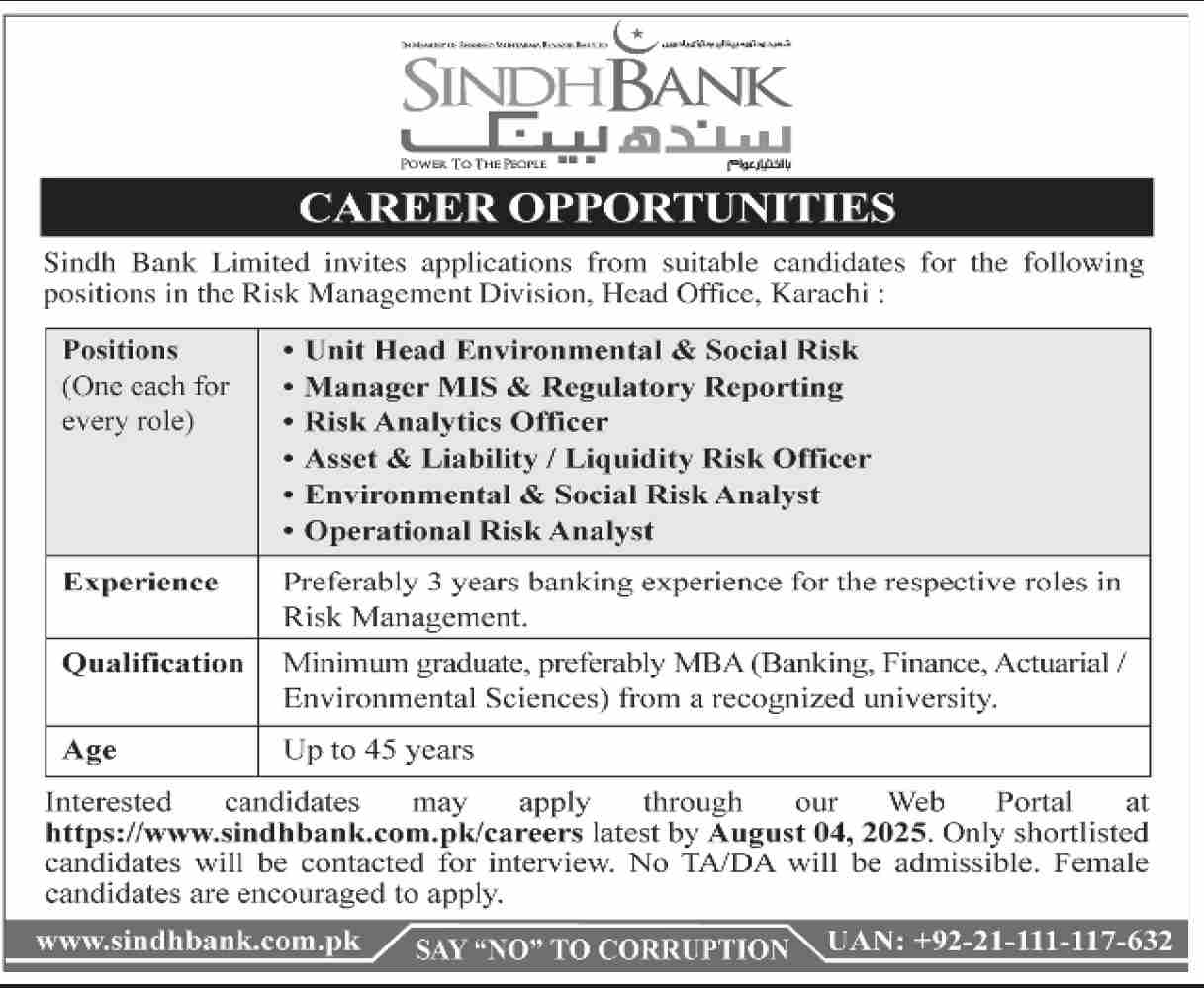 Jobs in Sindh Bank Karachi